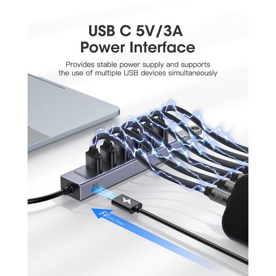 FORIDA 8-Port USB Hub 3.0 Mit 120cm Langes Kabel Hubs, Aluminium USB Verteiler 5Gbps Multiport Adapter Für Laptop, MacBook, PC, U-Disk, USB-3.0 Splitter Mit 15W USBC Port- Grau