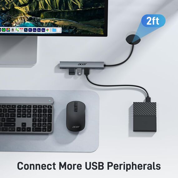 acer USB C Hub 5 in 1, Tragbarer 4K HDMI Adapter PD 100W, 3X USB-A Datenport, USB C auf HDMI Adapter kompatibel mit acer Laptop, Chromebook, Surface, Galaxybook, MacBook Pro/Air, iPad Pro/Air - 60cm