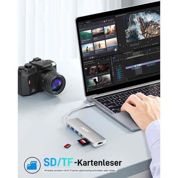 Acer USB C Hub, 7-in-1 USB-C zu HDMI Splitter, 2 USB 3.1 GEN1 und 5 Gbps Typ-C Datenanschluss, 4K HDMI-Anschluss, PD 100W-Ladung, SD-Kartenleser, für iPad Pro, MacBook Pro, Acer Laptops (Silber)
