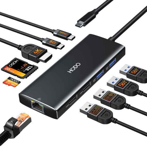 HODO USB C Hub Ethernet für MacBook Air/Pro, Adapter Mac Book Zubehör 10 in 1 mit 4K 60Hz HDMI, Ethernet, 100W PD, SD TF Kartensteckplatz, 4USB und USB-C Datenport, Type C Dongle für iPad, Surface