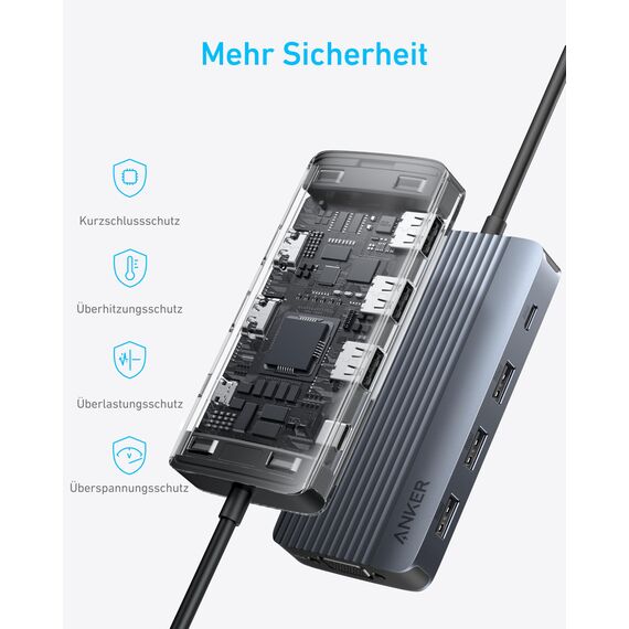 Anker 8-in-1 USB-C Hub, USB C Dockingstation Triple Display Multi-Port Dongle mit 2 HDMI und VGA, 5 Gbit/s Datenübertragung, USB Ports für MacBook Air/Pro, Dell XPS, iPad Pro und mehr