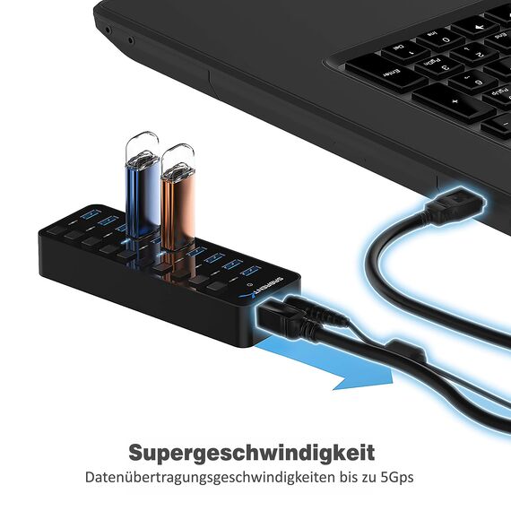 Sabrent USB Hub aktiv 3.0 mit netzteil 60W 10port, USB Adapter mehrfach Verlängerung, USB Verteiler, Powered USB hub, langes Kabel mit EIN/AUS-schaltern, für PS5, PC, Laptop, MacBook, usw. (HB-BU10)