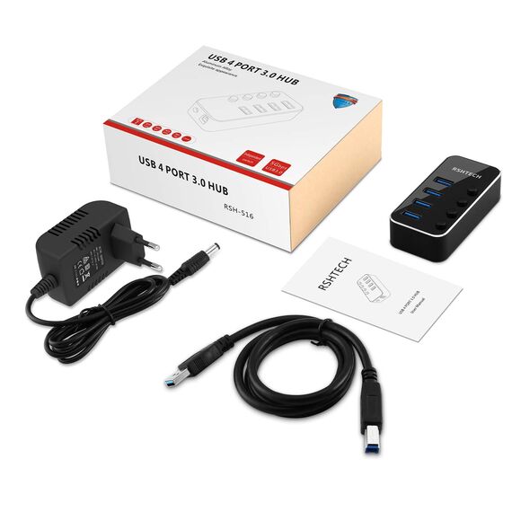 RSHTECH USB Hub Aktiv 3.0 mit Netzteil, USB 3.0 Hub Aktiv mit 4 Ports USB Verteiler 3.0 Datenhub mit 10W(5V/2A) Netzteil und Einzelne Schalter, für die Datenübertragung, Leichter und Tragbarer