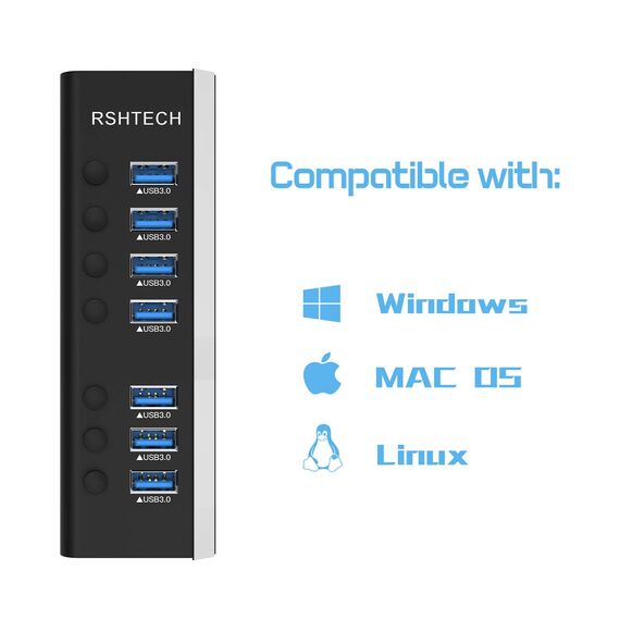 RSHTECH Aluminium 24W USB Hub Aktiv 3.0 mit 12V/2A Netzteil, 7-Port USB 3.0 Hub Multiport USB 3.0 Verteiler, zum Laden und zur Datenübertragung, mit Einzelnen On/Off Schalter und LED (RSH-A37S)
