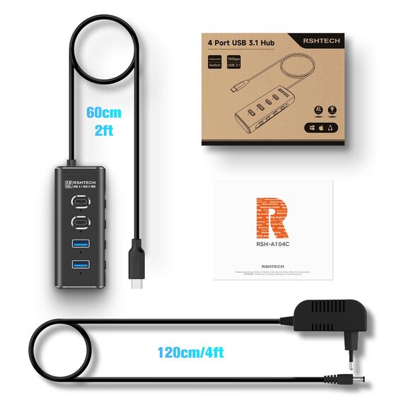 RSHTECH USB C 3.2 Hub Aktiv mit Netzteil, 4-in-1 USB C 3.1 Gen2 Hub mit 4*10Gbps USB-Datenport (2*Typ-C, 2*Typ-A), 60cm USB C kabel, 10W 5V2A Netzteil, Aluminium USB 3.2 Splitter Datenhub, RSH-A104C