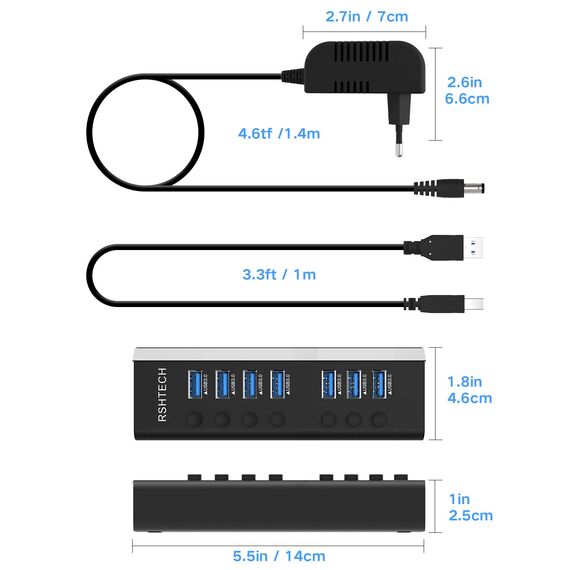 RSHTECH Aluminium 24W USB Hub Aktiv 3.0 mit 12V/2A Netzteil, 7-Port USB 3.0 Hub Multiport USB 3.0 Verteiler, zum Laden und zur Datenübertragung, mit Einzelnen On/Off Schalter und LED (RSH-A37S)