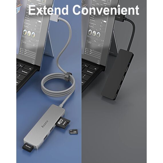 Aceele USB Hub 3.0 mit 1.2 m Kabel, 6-in-1 USB Adapter auf 3 USB 3.0 Extension und SD/TF Kartenleser, geeignet für Laptops, Desktops PC, Xbox und Mac usw (Grau)