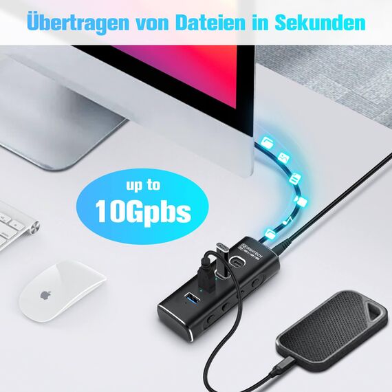 RSHTECH USB C 3.2 Hub Aktiv mit Netzteil, 4-in-1 USB C 3.1 Gen2 Hub mit 4*10Gbps USB-Datenport (2*Typ-C, 2*Typ-A), 60cm USB C kabel, 10W 5V2A Netzteil, Aluminium USB 3.2 Splitter Datenhub, RSH-A104C