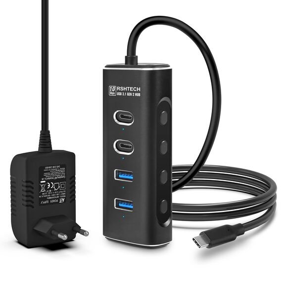 RSHTECH USB C 3.2 Hub Aktiv mit Netzteil, 4-in-1 USB C 3.1 Gen2 Hub mit 4*10Gbps USB-Datenport (2*Typ-C, 2*Typ-A), 60cm USB C kabel, 10W 5V2A Netzteil, Aluminium USB 3.2 Splitter Datenhub, RSH-A104C