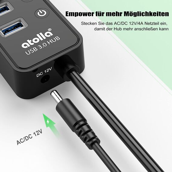 Atolla USB Hub Aktiv 3.0 mit 48W (12V/4A) Netzteil, 11-Port USB 3.0 Extension verteiler (7 Datenports + 4 Smart Charging Ports) mit Einzelnen EIN/Aus-Schalter und für High Power USB Geräte Netzteil