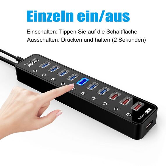 Atolla USB Hub Aktiv 3.0 mit 48W (12V/4A) Netzteil, 11-Port USB 3.0 Extension verteiler (7 Datenports + 4 Smart Charging Ports) mit Einzelnen EIN/Aus-Schalter und für High Power USB Geräte Netzteil