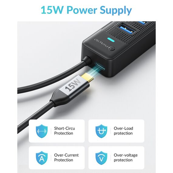 PHIXERO 7 Port USB Hub, USB 3.0 Hub USB Verteiler mit 15W USB C Power Port, Super Speed 5Gbps Datenhub, Kompatibel mit Allen USB Port Geräten (15CM Cable, 7 Port)