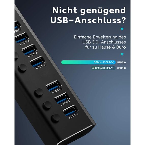 RSHTECH Aluminium 24W USB Hub Aktiv 3.0 mit 12V/2A Netzteil, 7-Port USB 3.0 Hub Multiport USB 3.0 Verteiler, zum Laden und zur Datenübertragung, mit Einzelnen On/Off Schalter und LED (RSH-A37S)