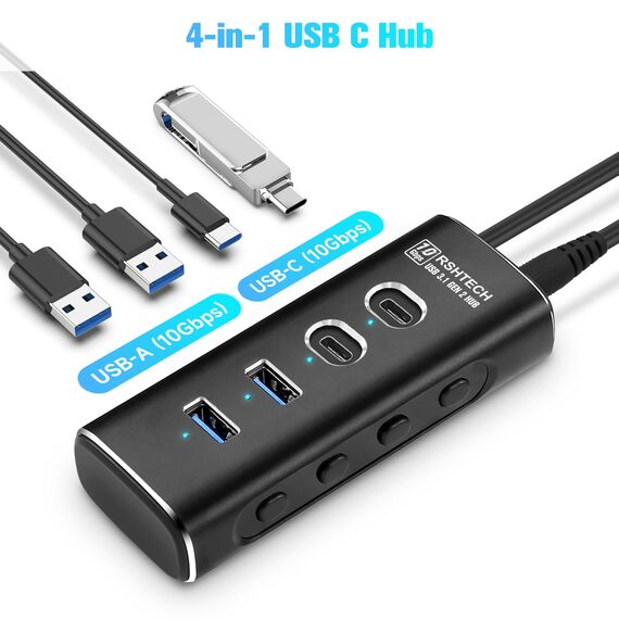 RSHTECH USB C 3.2 Hub Aktiv mit Netzteil, 4-in-1 USB C 3.1 Gen2 Hub mit 4*10Gbps USB-Datenport (2*Typ-C, 2*Typ-A), 60cm USB C kabel, 10W 5V2A Netzteil, Aluminium USB 3.2 Splitter Datenhub, RSH-A104C