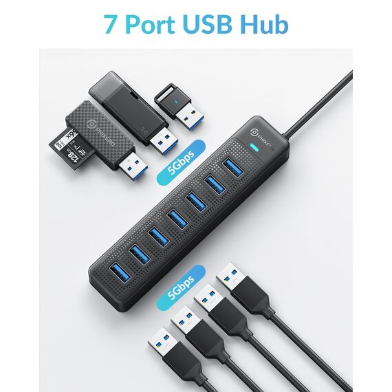 PHIXERO 7 Port USB Hub, USB 3.0 Hub USB Verteiler mit 15W USB C Power Port, Super Speed 5Gbps Datenhub, Kompatibel mit Allen USB Port Geräten (15CM Cable, 7 Port)