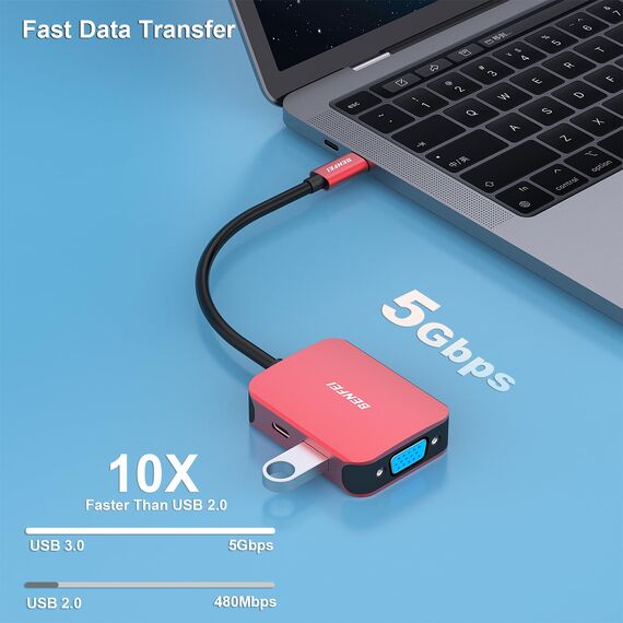 BENFEI USB C HUB 4in1,USB C Multiport-Adapter mit 4K HDMI/ 1080P VGA/ 5Gbps USB 3.0 Data Port/Typ C 60W Power Delivery, kompatibel für iPhone 15 Pro/Max MacBook Pro/Ai iPad Pro iMac Galaxy S23, Rot