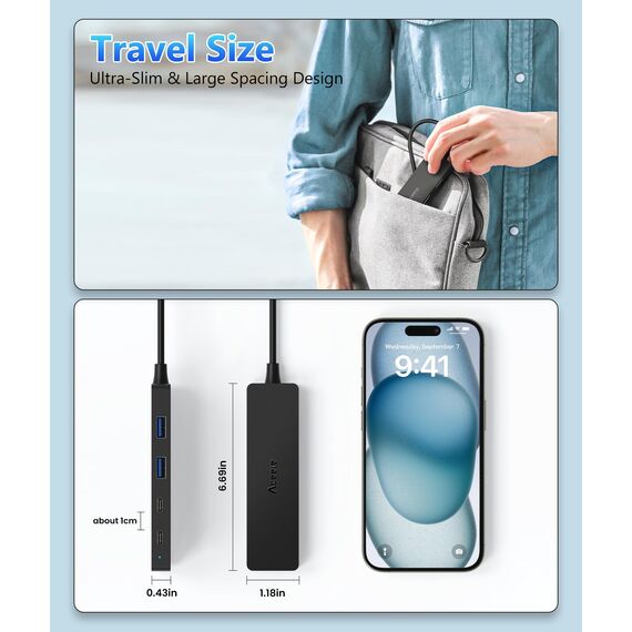 Aceele USB Hub 3.0 mit 2 USB-A-Anschlüssen und 2 USB-C-Anschlüssen, USB 3.0 Datenhub mit 120 cm Kabel, kompatibel mit Desktop-Computer, MacBook Pro/Air, iMac,Surface Pro,PS 4 und weiteren Laptops