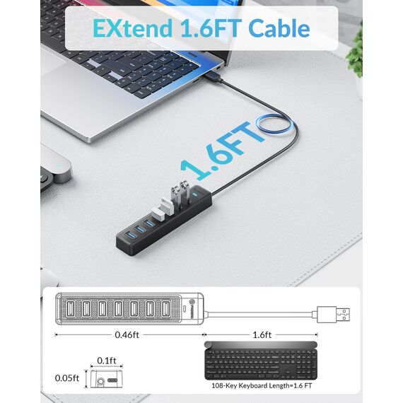 PHIXERO 7 Port USB Hub, 1.6FT Long Cable USB 3.0 Hub USB Verteiler, Super Speed 5Gbps Datenhub, Kompatibel mit Allen USB Port Geräten (7 Port, 50CM Cable)