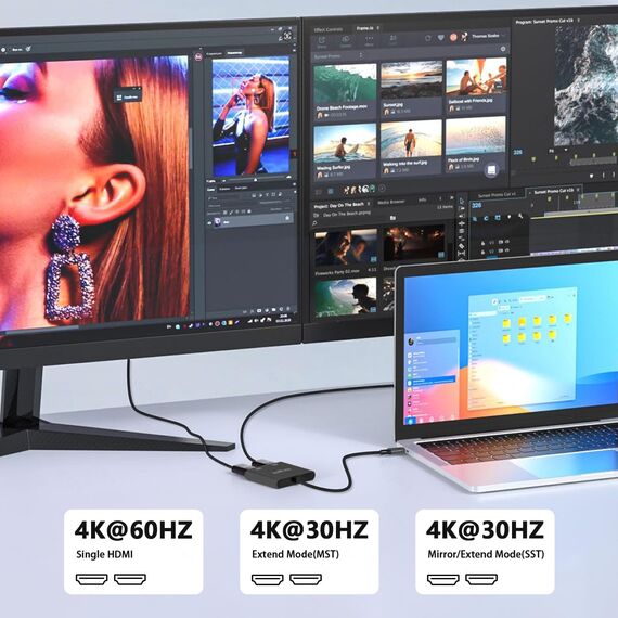 USB-C-auf-Adapter für HDMI-Splitter, USB-C-auf-Dual-Monitoradapter, Multiport, 4K @ 60Hz und Dual 4K @ 30Hz