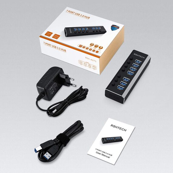 RSHTECH Aluminium 24W USB Hub Aktiv 3.0 mit 12V/2A Netzteil, 7-Port USB 3.0 Hub Multiport USB 3.0 Verteiler, zum Laden und zur Datenübertragung, mit Einzelnen On/Off Schalter und LED (RSH-A37S)