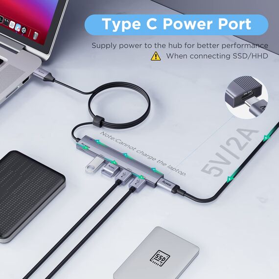Aceele USB Hub 3.2 Gen 2 Splitter mit 4 USB-A-Anschlüssen, USB 3.2 Datenhub mit 120 cm Kabel, geeignet für Laptops, Desktops PC, Xbox und Mac usw