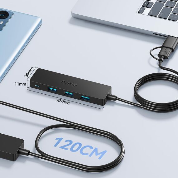 Aceele USB 3.0/ USB C Hub mit verlängertem 120cm Kabel, Ultra dünn USB Hub auf 4 USB 3.0 verlängerung, kompatibel mit Desktop-Computer, MacBook Pro/Air, iMac,Surface Pro,PS 4 und weiteren Laptops