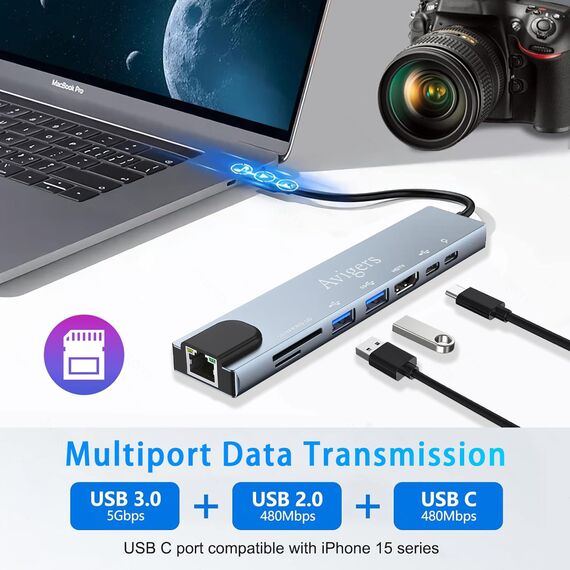 Avigers USB C Hub (8-in-1), USB C Multiport Adapter mit 100W PD, 4K HDMI, SD&TF Kartenleser, USB 3.0, Ethernet LAN Adapter für MacBook Air/Pro, Huawei, Dell und mehr (Silver Grey)