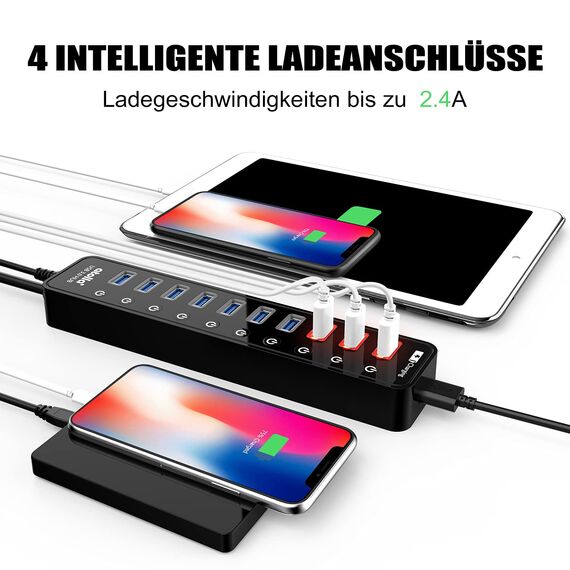 Atolla USB Hub Aktiv 3.0 mit 48W (12V/4A) Netzteil, 11-Port USB 3.0 Extension verteiler (7 Datenports + 4 Smart Charging Ports) mit Einzelnen EIN/Aus-Schalter und für High Power USB Geräte Netzteil