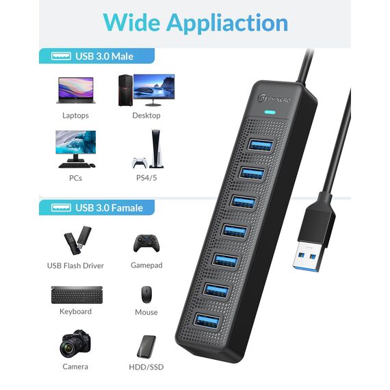 PHIXERO 7 Port USB Hub, 1.6FT Long Cable USB 3.0 Hub USB Verteiler, Super Speed 5Gbps Datenhub, Kompatibel mit Allen USB Port Geräten (7 Port, 50CM Cable)