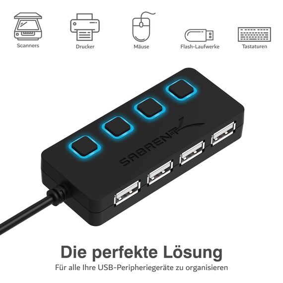 SABRENT USB Hub, USB Adapter 2.0, USB verlängerung mit EIN/AUS schaltern Geeignet, USB Verteiler mehrfach für PS4 PS5, PlayStation 5, Laptop, PC, drucker, MacBook, USB Stick (HB-UMLS)