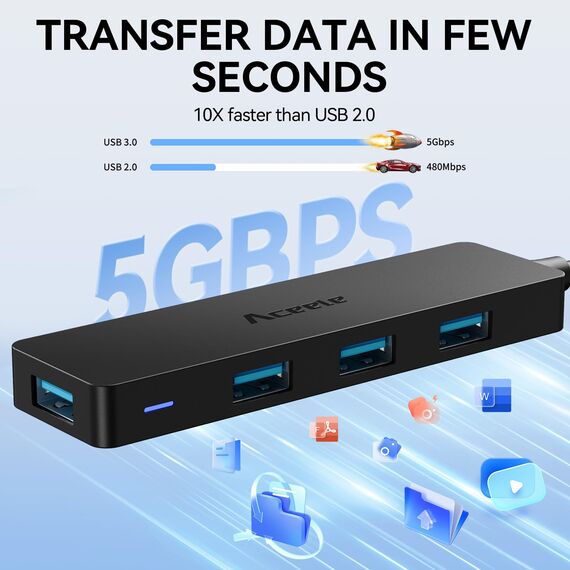 Aceele USB 3.0/ USB C Hub mit verlängertem 120cm Kabel, Ultra dünn USB Hub auf 4 USB 3.0 verlängerung, kompatibel mit Desktop-Computer, MacBook Pro/Air, iMac,Surface Pro,PS 4 und weiteren Laptops