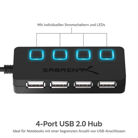 SABRENT USB Hub, USB Adapter 2.0, USB verlängerung mit EIN/AUS schaltern Geeignet, USB Verteiler mehrfach für PS4 PS5, PlayStation 5, Laptop, PC, drucker, MacBook, USB Stick (HB-UMLS)