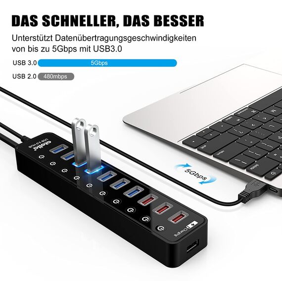 Atolla USB Hub Aktiv 3.0 mit 48W (12V/4A) Netzteil, 11-Port USB 3.0 Extension verteiler (7 Datenports + 4 Smart Charging Ports) mit Einzelnen EIN/Aus-Schalter und für High Power USB Geräte Netzteil