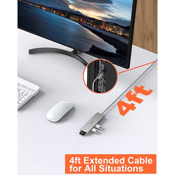 Aceele USB Hub 3.0 mit 1.2 m Kabel, 6-in-1 USB Adapter auf 3 USB 3.0 Extension und SD/TF Kartenleser, geeignet für Laptops, Desktops PC, Xbox und Mac usw (Grau)