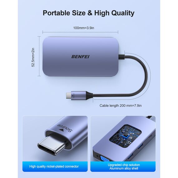 BENFEI USB C MST HUB-Docking Station 8-in-1, USB-C HUB mit 2*HDMI/1*VGA/3*USB 3.0/100W Power Delivery/3.5mm Aux-Audio, kompatibel mit iPhone 15 Pro/Max MacBook Pro/Air 2023 iPad Pro iMac S23