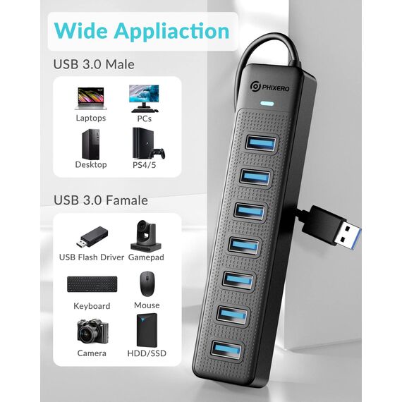 PHIXERO 7 Port USB Hub, USB 3.0 Hub USB Verteiler mit 15W USB C Power Port, Super Speed 5Gbps Datenhub, Kompatibel mit Allen USB Port Geräten (15CM Cable, 7 Port)