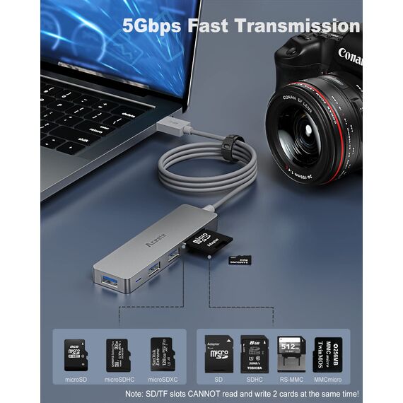 Aceele USB Hub 3.0 mit 1.2 m Kabel, 6-in-1 USB Adapter auf 3 USB 3.0 Extension und SD/TF Kartenleser, geeignet für Laptops, Desktops PC, Xbox und Mac usw (Grau)