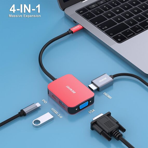 BENFEI USB C HUB 4in1,USB C Multiport-Adapter mit 4K HDMI/ 1080P VGA/ 5Gbps USB 3.0 Data Port/Typ C 60W Power Delivery, kompatibel für iPhone 15 Pro/Max MacBook Pro/Ai iPad Pro iMac Galaxy S23, Rot