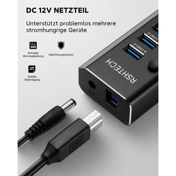 RSHTECH Aluminium 24W USB Hub Aktiv 3.0 mit 12V/2A Netzteil, 7-Port USB 3.0 Hub Multiport USB 3.0 Verteiler, zum Laden und zur Datenübertragung, mit Einzelnen On/Off Schalter und LED (RSH-A37S)