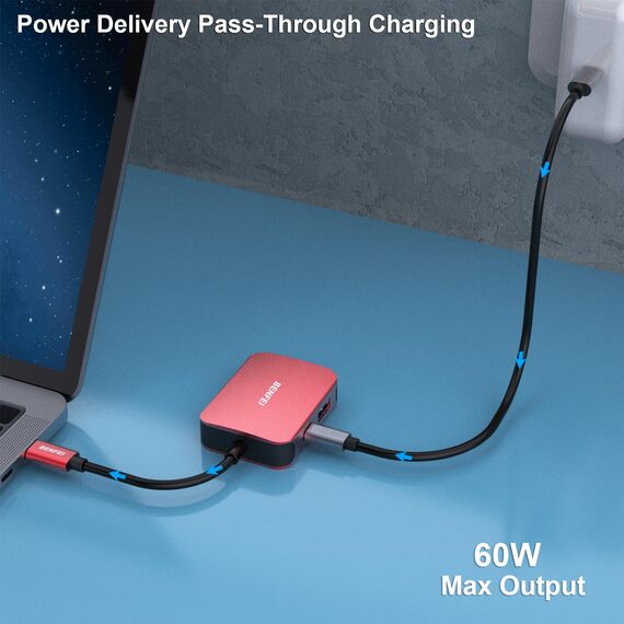 BENFEI USB C HUB 4in1,USB C Multiport-Adapter mit 4K HDMI/ 1080P VGA/ 5Gbps USB 3.0 Data Port/Typ C 60W Power Delivery, kompatibel für iPhone 15 Pro/Max MacBook Pro/Ai iPad Pro iMac Galaxy S23, Rot