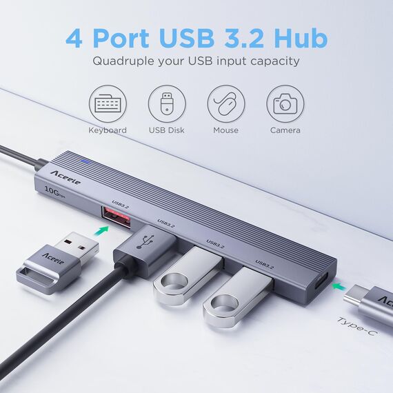 Aceele USB Hub 3.2 Gen 2 Splitter mit 4 USB-A-Anschlüssen, USB 3.2 Datenhub mit 120 cm Kabel, geeignet für Laptops, Desktops PC, Xbox und Mac usw