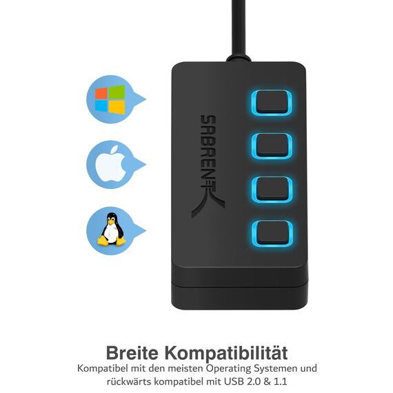 SABRENT USB Hub, USB Adapter 2.0, USB verlängerung mit EIN/AUS schaltern Geeignet, USB Verteiler mehrfach für PS4 PS5, PlayStation 5, Laptop, PC, drucker, MacBook, USB Stick (HB-UMLS)