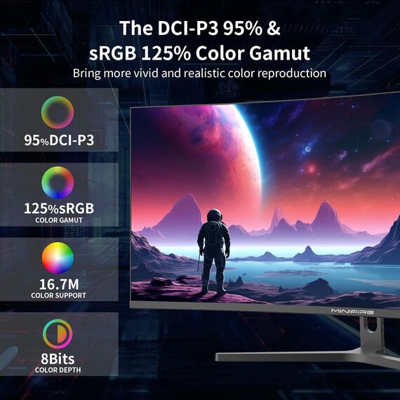 Minifire 34 Zoll UWQHD Curved Gaming Monitor 165Hz(DP),3440 x 1440, Curved 1500R,1ms(MPRT),Pip/PBP,FreeSync,HDR, 300nits, sRGB 125%, DCI-P3 95%,VA Panel,2xHDMI 2.1(TMDS) 1xDP 1.4 Ports MFG34C5Q