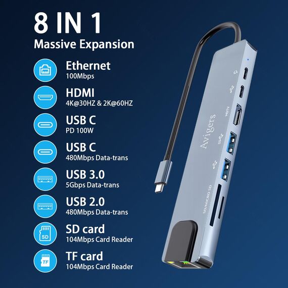 Avigers USB C Hub (8-in-1), USB C Multiport Adapter mit 100W PD, 4K HDMI, SD&TF Kartenleser, USB 3.0, Ethernet LAN Adapter für MacBook Air/Pro, Huawei, Dell und mehr (Silver Grey)