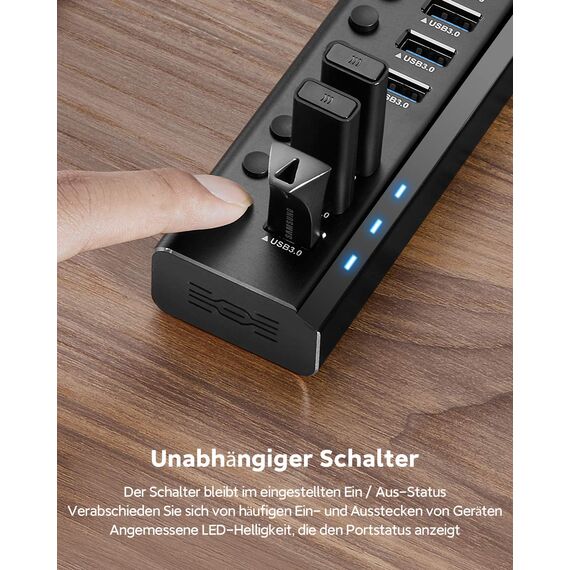 RSHTECH Aluminium 24W USB Hub Aktiv 3.0 mit 12V/2A Netzteil, 7-Port USB 3.0 Hub Multiport USB 3.0 Verteiler, zum Laden und zur Datenübertragung, mit Einzelnen On/Off Schalter und LED (RSH-A37S)