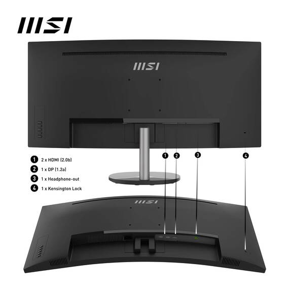 MSI PRO MP341CQDE – 34" UWQHD (3440x1440) im 21:9-Format, 1500R Curved, 100Hz, HD-Ready, 3000:1 Kontrast, neigbar, VESA-kompatibel, DP 1.2a, 2X HDMI 2.0b