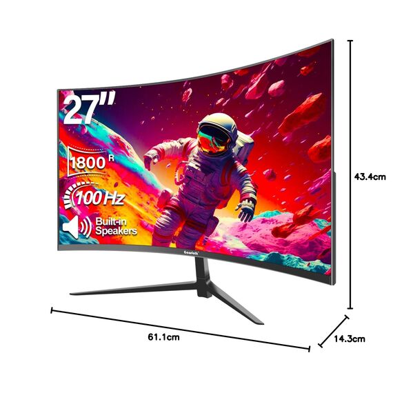 Gawfolk Curved Monitor 27 Zoll 100Hz, PC Bildschirm mit Lautsprecher 1080P, 1800R 75Hz Computerbildschirm mit Eye Care Technologie HDMI DP, unterstützt VESA