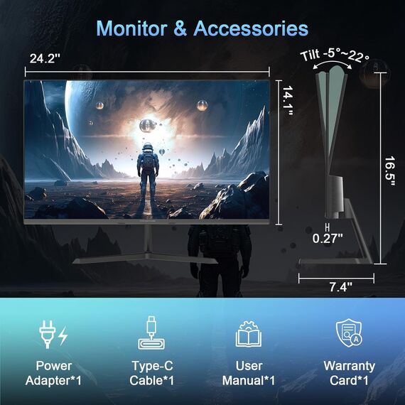 Minifire Monitor 27 Zoll Bildschirm im rahmenlosen Design, IPS, 120Hz, USB Tpye-C, FHD(1080P), sRGB110%, 300 Nits, FreeSync, Eye-Care, HDMI USB Type-C Anschlüsse, unterstützt VESA - Schwarz
