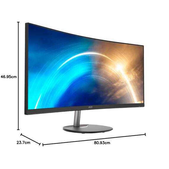 MSI PRO MP341CQDE – 34" UWQHD (3440x1440) im 21:9-Format, 1500R Curved, 100Hz, HD-Ready, 3000:1 Kontrast, neigbar, VESA-kompatibel, DP 1.2a, 2X HDMI 2.0b