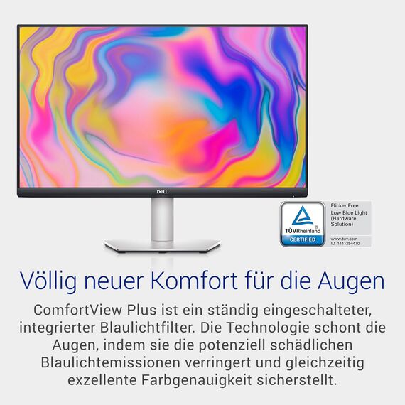 Dell S2722DC USB-C 27 Zoll QHD (2560x1440) Monitor, 75Hz, IPS, 4ms, AMD FreeSync, 99% sRGB, Eingebaute Lautsprecher, USB-C, 2x HDMI, 2x USB, 3 Jahre Garantie, Silber